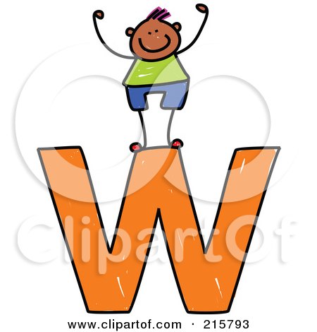 Royalty-Free (RF) Clipart Illustration of a Childs Sketch Of A Boy On Top Of A Lowercase Letter W by Prawny