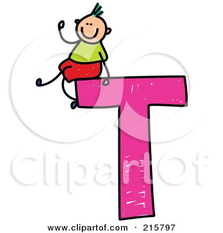 Royalty-Free (RF) Clipart Illustration of a Childs Sketch Of A Boy On Top Of A Capital Letter T by Prawny