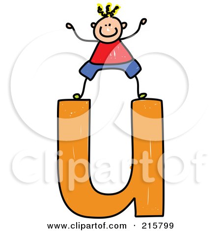 Royalty-Free (RF) Clipart Illustration of a Childs Sketch Of A Boy On Top Of A Lowercase Letter U by Prawny