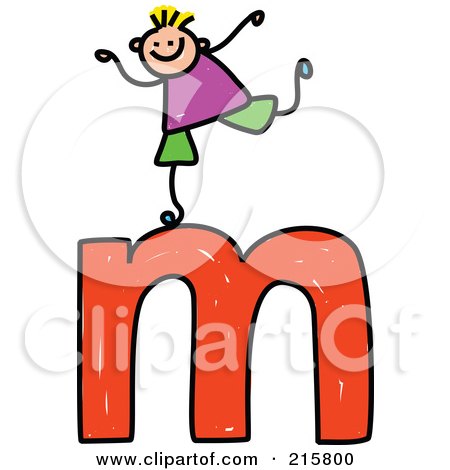 Royalty-Free (RF) Clipart Illustration of a Childs Sketch Of A Boy On Top Of A Lowercase Letter M by Prawny
