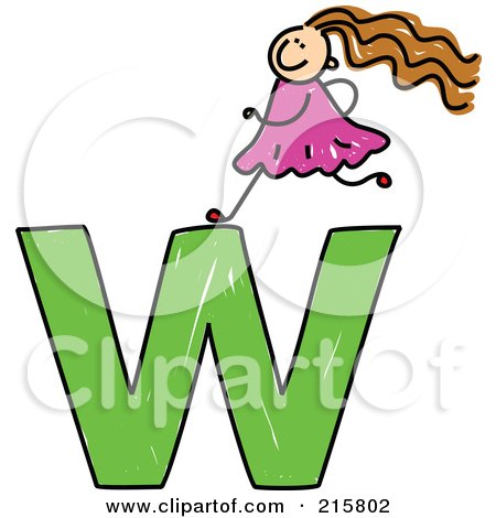 Royalty-Free (RF) Clipart Illustration of a Childs Sketch Of A Girl On Top Of A Lowercase Letter W by Prawny