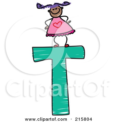 Royalty-Free (RF) Clipart Illustration of a Childs Sketch Of A Girl On Top Of A Capital Letter T by Prawny