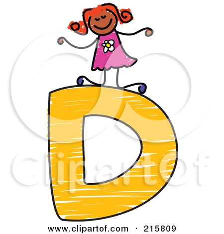 Royalty-Free (RF) Clipart Illustration of a Childs Sketch Of A Girl On Top Of A Capital Letter D by Prawny