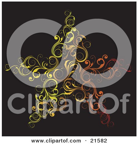 Clipart Illustration of Elegant Red, Orange And Yellow Scrolled Vines Forming The Shape Of A Star Over A Black Background by OnFocusMedia