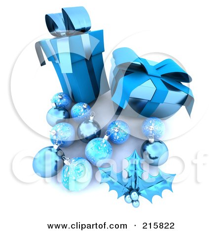 Royalty-Free (RF) Clipart Illustration of 3d Blue Holly, Baubles And Gifts by KJ Pargeter