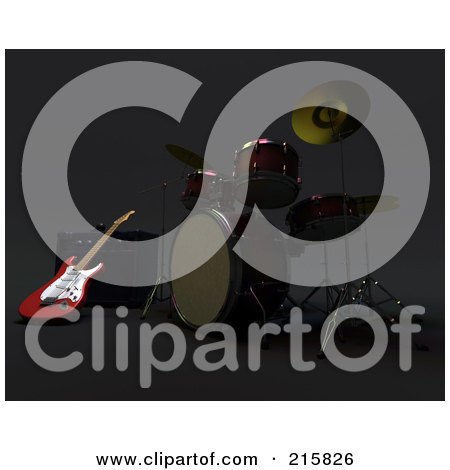 Royalty-Free (RF) Clipart Illustration of a Rendered 3d Guitar With A Set Of Drums And Amplifier by KJ Pargeter