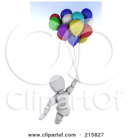 Royalty-Free (RF) Clipart Illustration of a 3d White Character Flying Away With Balloons by KJ Pargeter