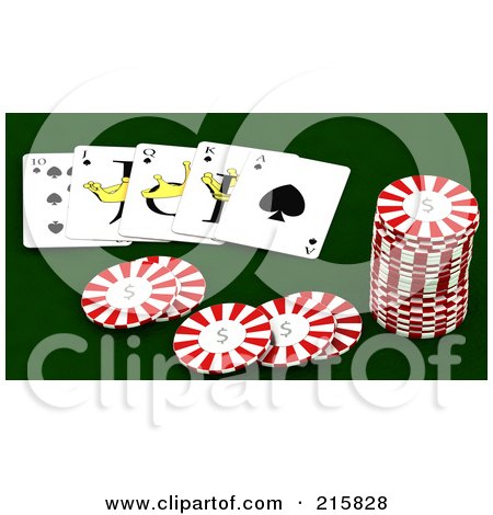 Royalty-Free (RF) Clipart Illustration of 3d Poker Chips And Cards On Green by KJ Pargeter