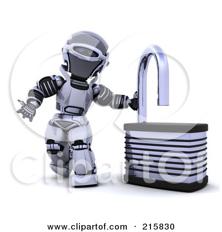 Royalty-Free (RF) Clipart Illustration of a 3d Robot By An Open Padlock by KJ Pargeter