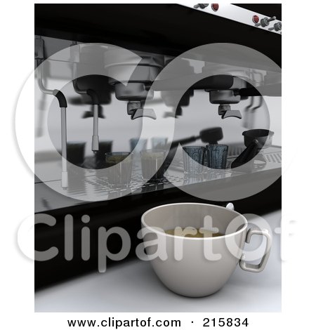 Royalty-Free (RF) Clipart Illustration of a 3d Coffee Cup By An Espresso Machine by KJ Pargeter