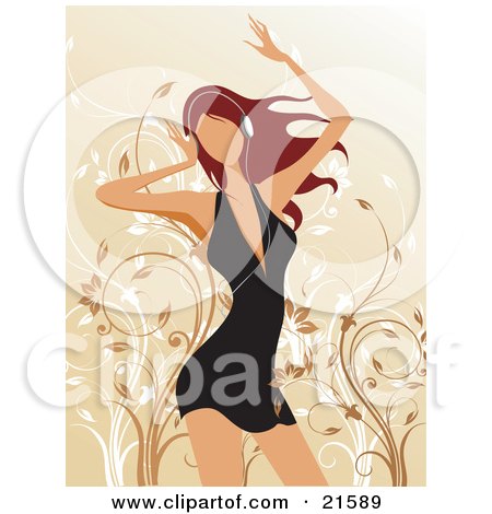 Clipart Illustration of a Faceless Red Haired Caucasian Woman In A Little Black Dress, Dancing Wearing Music Headphones by OnFocusMedia