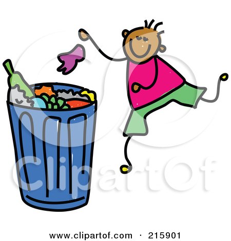 Royalty-Free (RF) Clipart Illustration of a Childs Sketch Of A Boy Putting Garbage In A Bin by Prawny