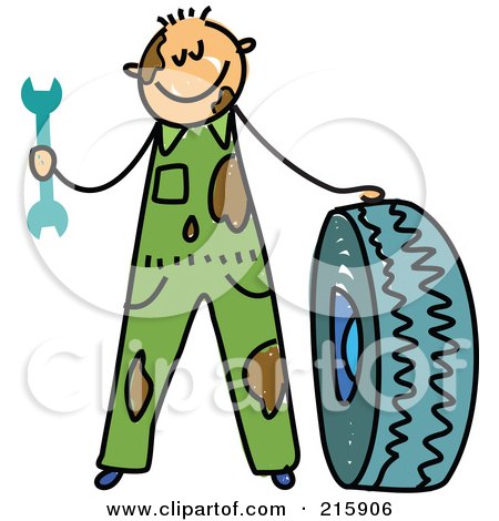 Royalty-Free (RF) Clipart Illustration of a Childs Sketch Of A Dirty Mechanic Boy With A Tire by Prawny