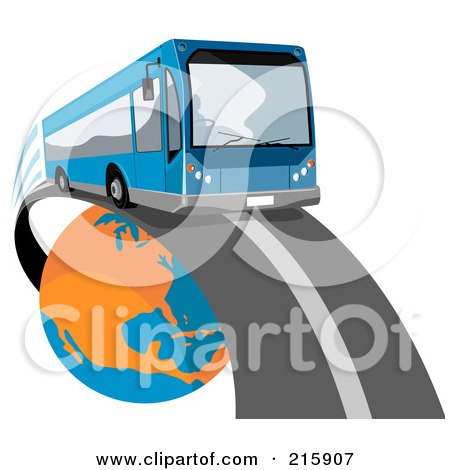 Royalty-Free (RF) Clipart Illustration of a Modern Blue Public Bus Driving Around A Globe - 2 by patrimonio