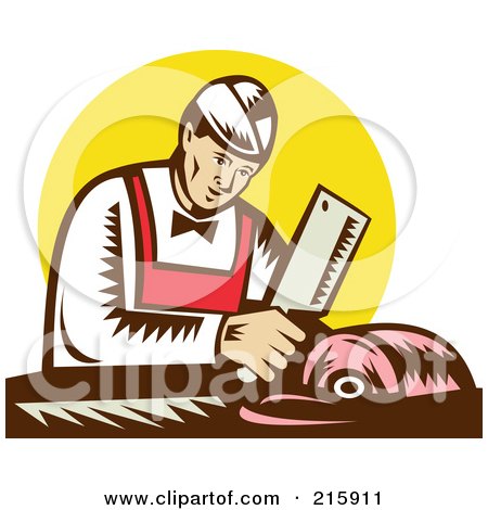 Royalty-Free (RF) Clipart Illustration of a Retro Butcher Chopping Meat by patrimonio