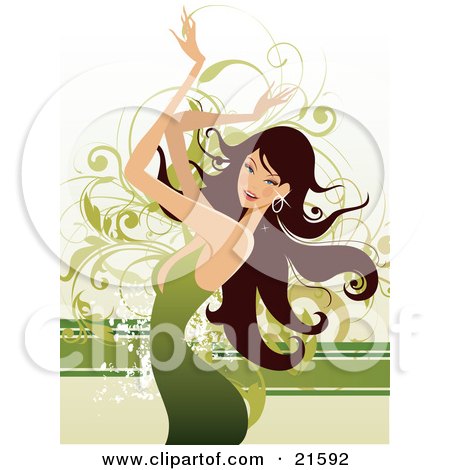 Clipart Illustration of a Stylish Brunette Caucasian Woman Wearing A Green Dress And Waving Her Arms In The Air While Dancing by OnFocusMedia