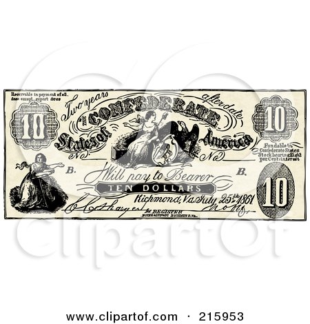 Royalty-Free (RF) Clipart Illustration of a Vintage Ten Dollar Confederate Bank Note by BestVector