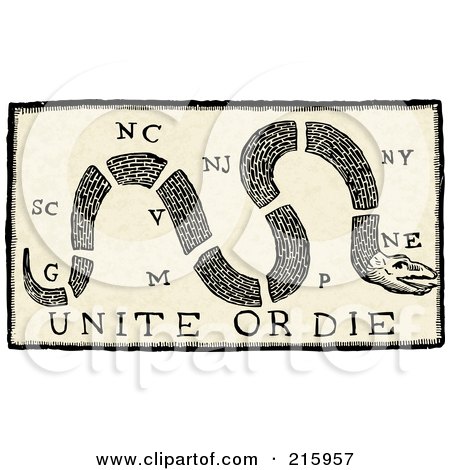 Royalty-Free (RF) Clipart Illustration of a Vintage Sepia Unite Or Die Flag With A Snake by BestVector