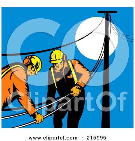 Royalty-Free (RF) Clipart Illustration of a Team Of Linemen Carrying Lines by patrimonio