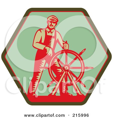 Royalty-Free (RF) Clipart Illustration of a Retro Captain Steering A Helm On A Green Sign by patrimonio
