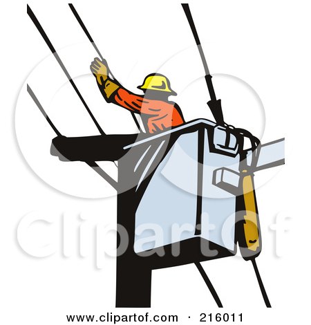 Royalty-Free (RF) Clipart Illustration of a Retro Lineman Working In A Lift Bucket - 2 by patrimonio