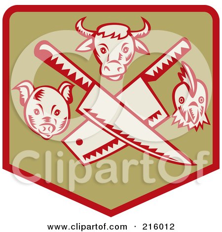 Royalty-Free (RF) Clipart Illustration of a Retro Butcher Sigh With Knives, A Pig, Bull And Chicken by patrimonio