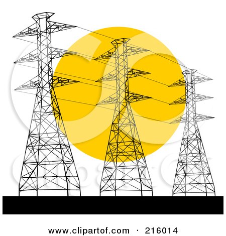 Royalty-Free (RF) Clipart Illustration of a Trio Of Power Towers Against A Sunset by patrimonio