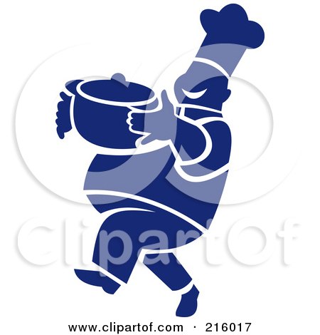 Royalty-Free (RF) Clipart Illustration of a Blue And White Chef Carrying A Pot by patrimonio