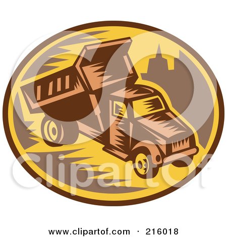 Royalty-Free (RF) Clipart Illustration of a Retro Woodcut Dump Truck Logo by patrimonio