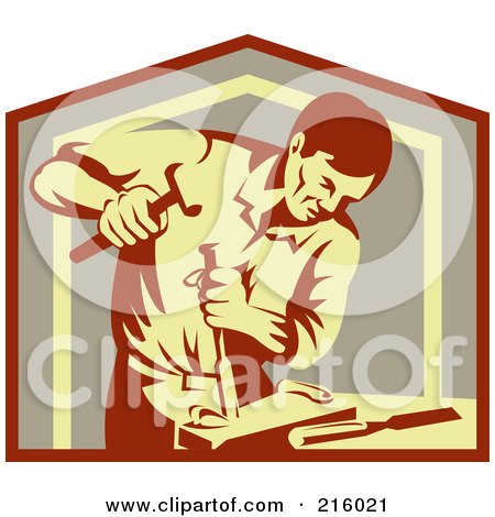 Royalty-Free (RF) Clipart Illustration of a Retro Carpenter Chiseling by patrimonio