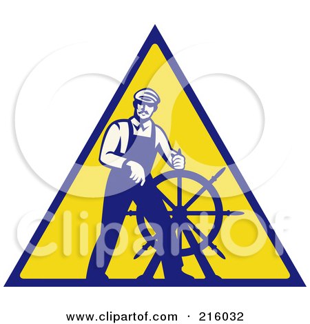 Royalty-Free (RF) Clipart Illustration of a Retro Captain Steering A Helm On A Yellow Sign by patrimonio
