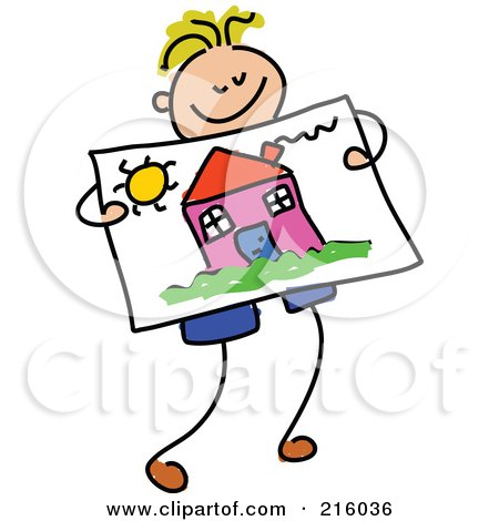 Royalty-Free (RF) Clipart Illustration of a Childs Sketch Of A Boy Holding A Drawing Of A House by Prawny