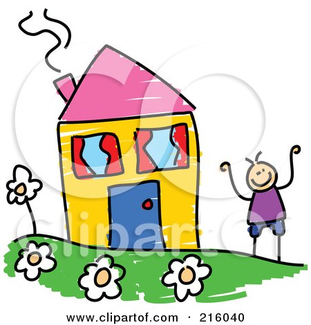 Royalty-Free (RF) Clipart Illustration of a Childs Sketch Of A Boy By A Yellow House by Prawny