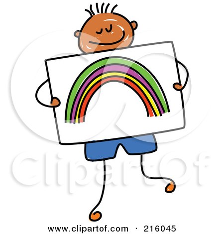Royalty-Free (RF) Clipart Illustration of a Childs Sketch Of A Boy Holding A Drawing Of A Rainbow by Prawny