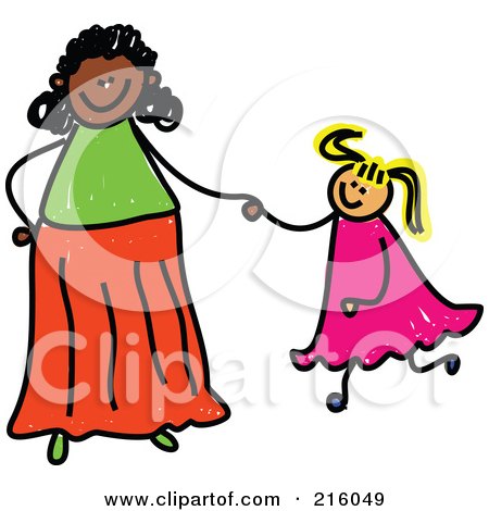 Royalty-Free (RF) Clipart Illustration of a Childs Sketch Of A Mom Holding Hand With Her Blond Daughter by Prawny