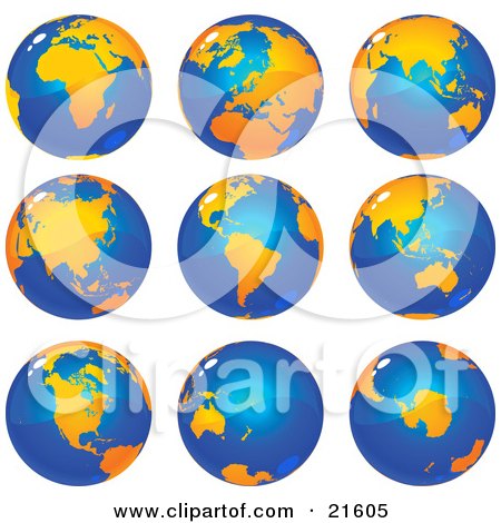 Clipart Illustration Graphic of Nine Views Of The Continents On Planet Earth In Orange And Tones by Tonis Pan