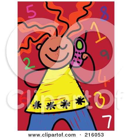 Royalty-Free (RF) Clipart Illustration of a Childs Sketch Of A Girl Talking On A Cell Phone, Surrounded By Numbers by Prawny