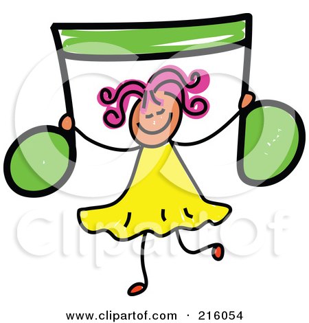 Royalty-Free (RF) Clipart Illustration of a Childs Sketch Of A Girl Holding Up A Green Music Note by Prawny