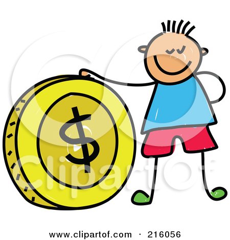 Royalty-Free (RF) Clipart Illustration of a Childs Sketch Of A Boy With A Big Dollar Coin by Prawny