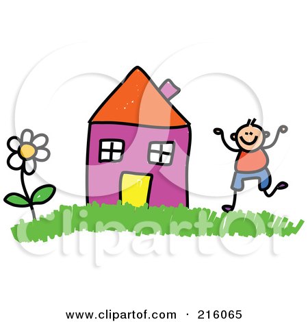 Royalty-Free (RF) Clipart Illustration of a Childs Sketch Of A Boy By A Purple House by Prawny