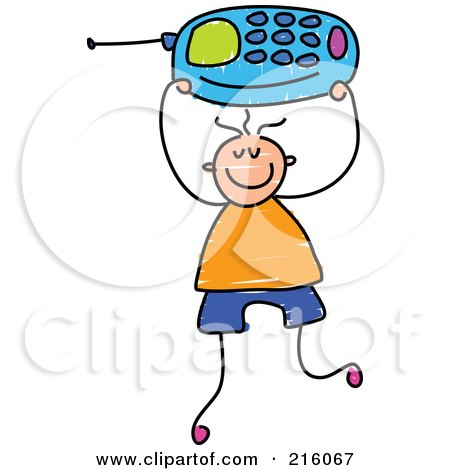 Royalty-Free (RF) Clipart Illustration of a Childs Sketch Of A Boy Holding Up A Blue Cell Phone by Prawny