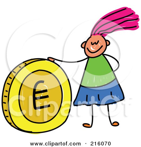 Royalty-Free (RF) Clipart Illustration of a Childs Sketch Of A Girl With A Euro Coin by Prawny