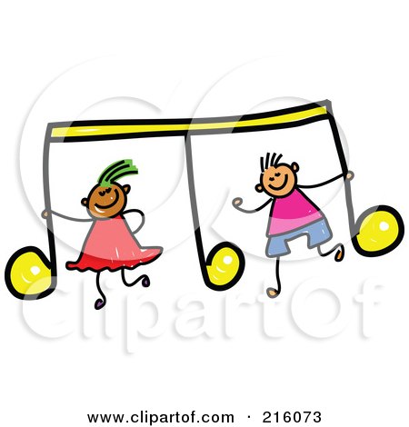 Royalty-Free (RF) Clipart Illustration of a Childs Sketch Of A Boy And Girl With A Yellow Music Note by Prawny