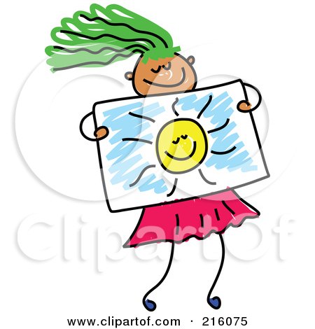 Royalty-Free (RF) Clipart Illustration of a Childs Sketch Of A Girl Holding A Drawing Of A Sun by Prawny