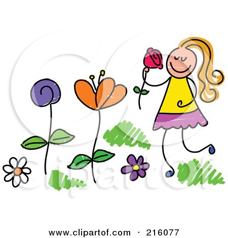 Royalty-Free (RF) Clipart Illustration of a Childs Sketch Of A Girl Picking And Smelling Flowers In A Garden by Prawny