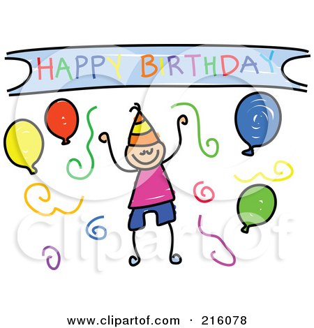 Royalty-Free (RF) Clipart Illustration of a Childs Sketch Of A Birthday Boy With Balloons And Confetti by Prawny