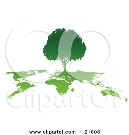 Clipart Illustration Graphic of a Silhouetted Gradient Green Tree Growing On Top Of A World Map by Tonis Pan