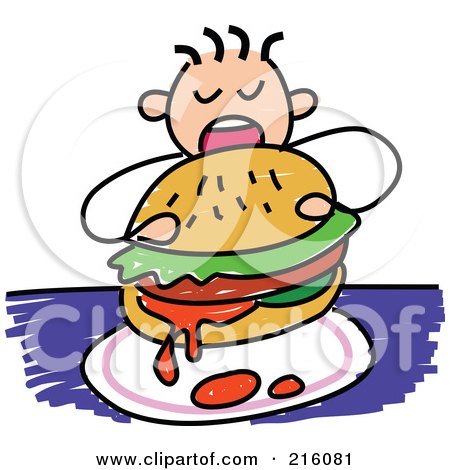 Royalty-Free (RF) Clipart Illustration of a Childs Sketch Of A Boy Eating A Messy Burger by Prawny
