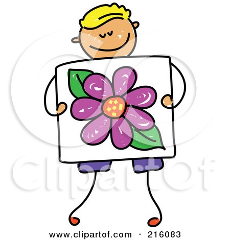 Royalty-Free (RF) Clipart Illustration of a Childs Sketch Of A Boy Holding A Drawing Of A Flower by Prawny