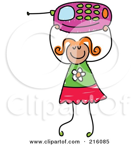 Royalty-Free (RF) Clipart Illustration of a Childs Sketch Of A Girl Holding Up A Pink Cell Phone by Prawny